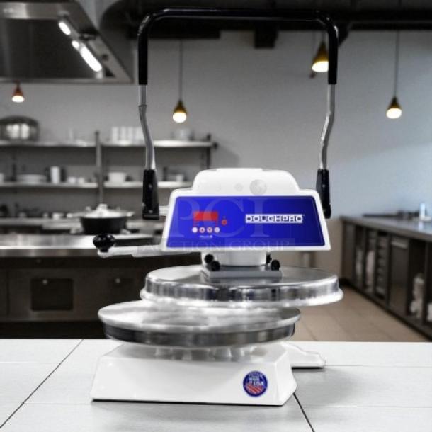 Proluxe DP1100 Dough Press, 18", great condition, fully tested, 115v, stainless steel, featured in a professional kitchen.