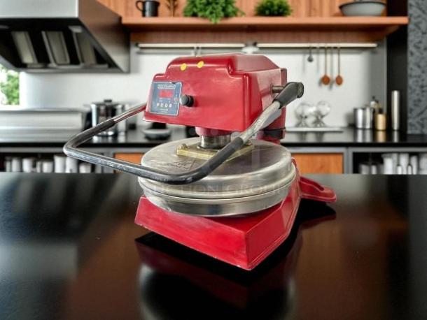 Great Condition Proluxe DP1100 18” Dough Press, 115v, tested and working. Red, with digital controls and sturdy metal handle.