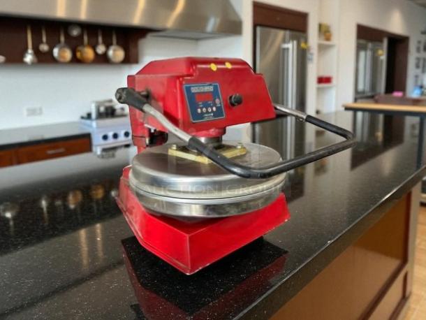 Proluxe DP1100 18” Dough Press, red, in great condition, fully tested 115v model, visible control panel, metallic pressing plate.