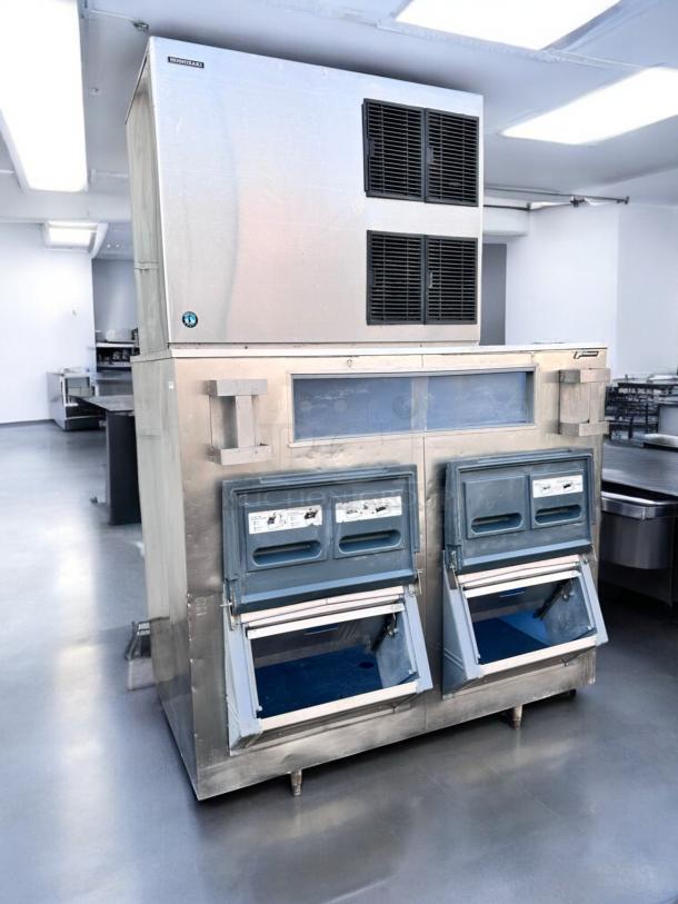 Hoshizaki KM-1900SAJ3 Ice Maker with twin Follett bins, outstanding condition, fully tested, commercial stainless steel.