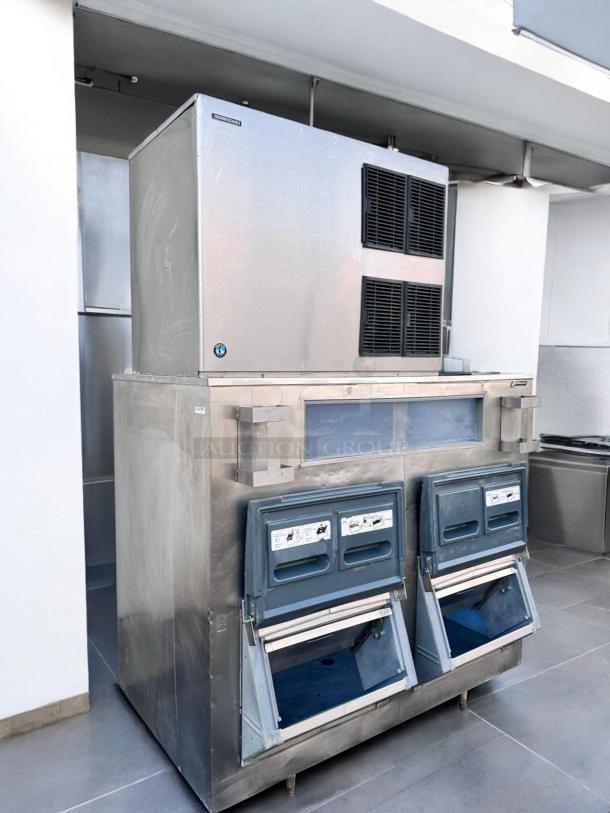 Hoshizaki KM-1900SAJ3 ice maker with twin Follett bins, outstanding condition, fully tested and working, stainless steel finish.