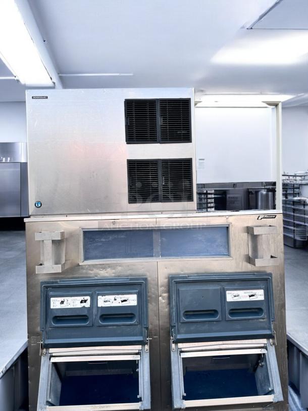 Hoshizaki KM-1900SAJ3 ice maker with twin Follett bins in outstanding condition, fully tested, visible labels.