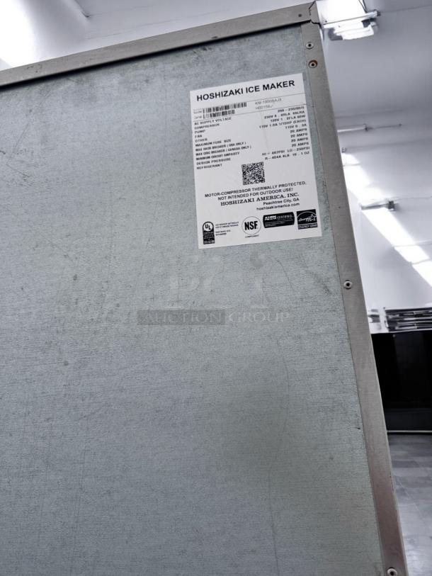 Hoshizaki KM-1900SAJ3 ice maker in excellent condition, shown with label indicating specs, UL and NSF certified.