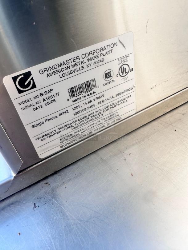 Grindmaster B-SAP Digital Coffee Brewer, stainless steel, like-new, model label showing serial number A165177, made in USA.