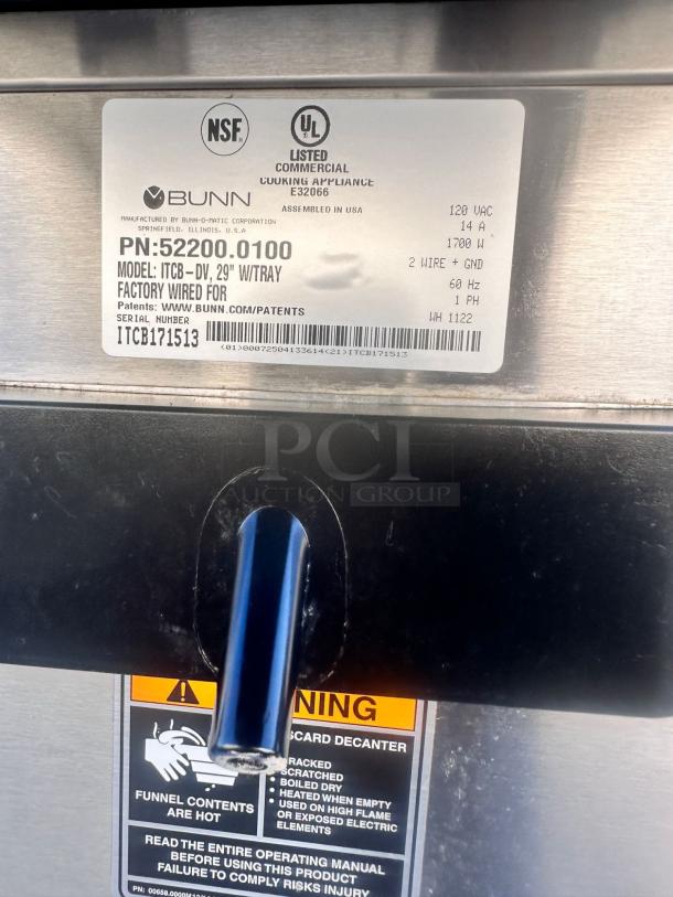 BUNN ITCB-DV 29" Brewer, model B-DV, PN: 52200.0100, excellent condition, NSF and UL listed, 120V, 1700W, fully tested.