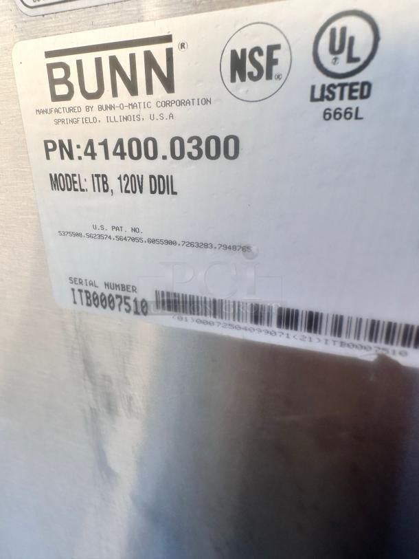 BUNN ITB Digital Iced Tea Brewer, 120V DDIL, excellent condition, fully tested, serial ITB0007510, NSF and UL listed.
