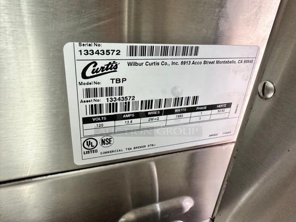 Immaculate Curtis TBP iced tea brewer, 3.5-gallon, commercial grade, fully tested, model label with specifications visible.