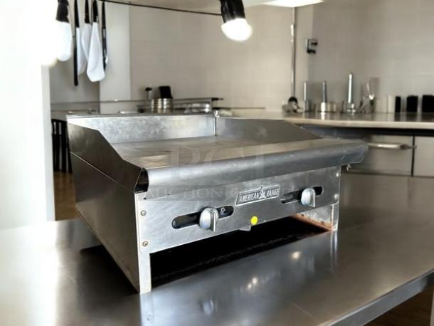 American Range ARMG-24 24" gas countertop griddle, great condition, manual controls, fully tested, stainless steel finish.