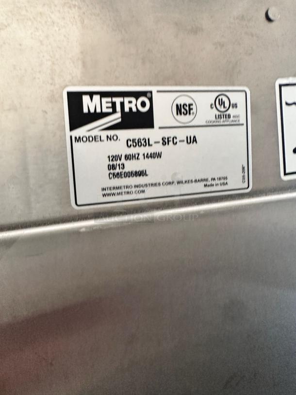 Alt Text: Metro C5 Heated Holding Cabinet, Model C5 63L-SFC-UA, NSF certified, outstanding condition, 120V 60Hz 1440W.