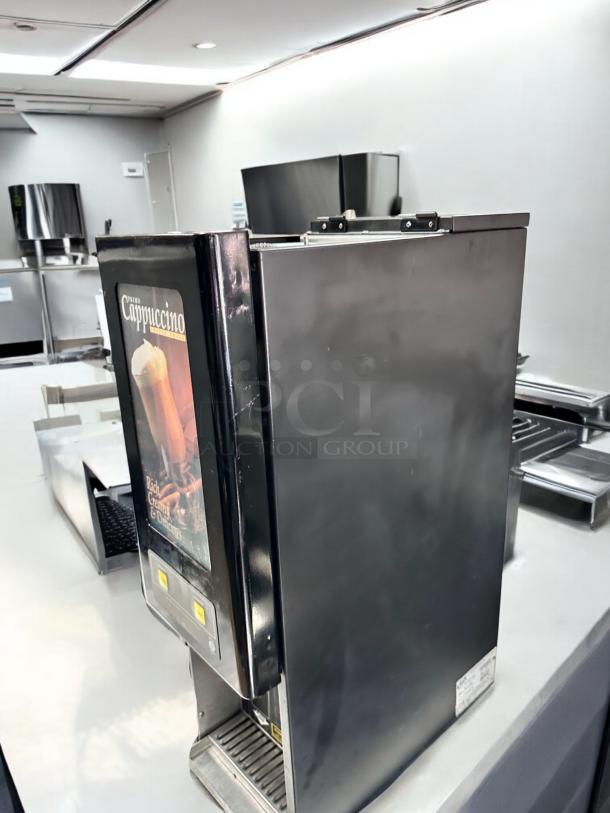 Pristine Curtis PC2D-10-02 Dual Flavor Cappuccino Dispenser, 120V, fully tested, features coffee images, excellent condition.