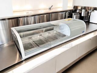 Omcan 39553 refrigerated sushi display case, 46", excellent condition, 110V, fully tested and working, stainless steel finish.
