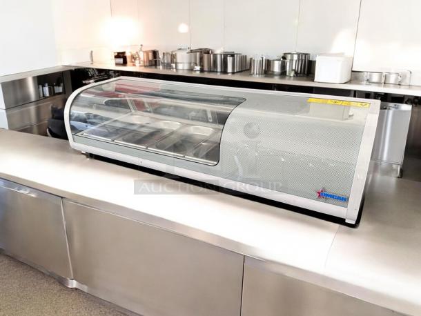 Omcan 39553 refrigerated sushi display case, 46", excellent condition, fully tested, 110V, transparent curved front, ideal for restaurants.