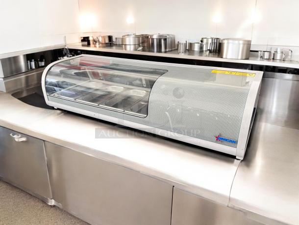 Omcan 39553 refrigerated sushi display case, 46", excellent condition, stainless steel, fully tested, 110V, on kitchen countertop.