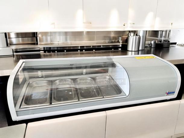 Omcan 39553 refrigerated sushi display case, 46", excellent condition, 110V, fully tested, featuring clear glass and metal finish.