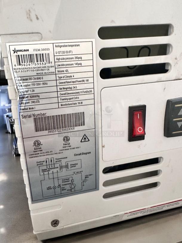 Omcan 39553 Refrigerated Sushi Display Case, 46", excellent condition, fully tested, 110V, circuit diagram and label visible.