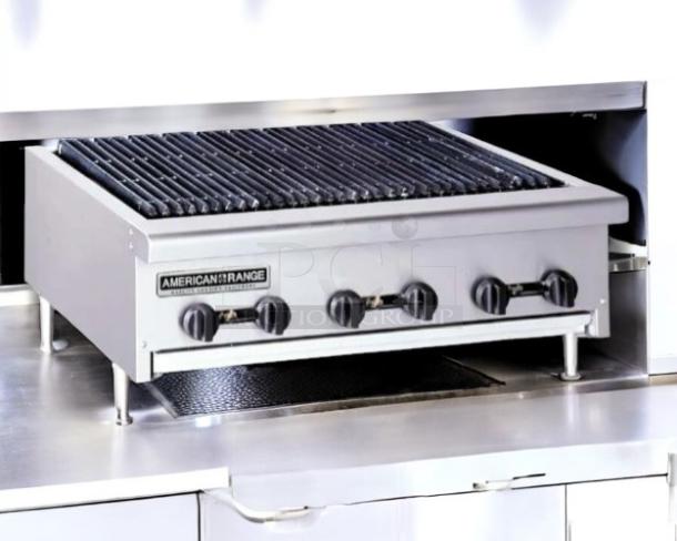 Brand new American Range AERB-36 36" radiant charbroiler, natural gas, with legs, factory packaging visible, pristine condition.