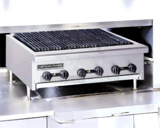 Brand new American Range AERB-36 36" radiant charbroiler, natural gas, with legs, factory packaging visible, pristine condition.
