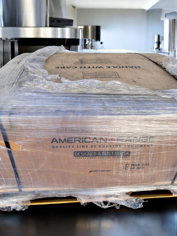 Brand new American Range AERB-36 radiant charbroiler in original packaging, designed for natural gas, includes legs.