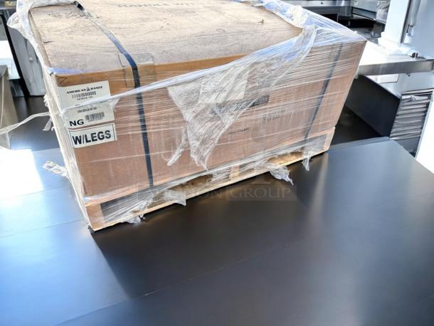 Brand new American Range AERB-36 radiant charbroiler in packaging, natural gas, with legs. Box labeled with model and specs.