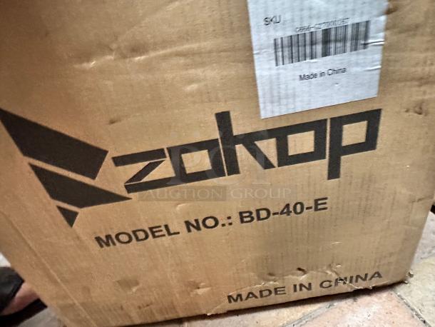 Box for Zokop BD-40-E compact chest freezer, 1.1 cu. ft., 115V, brand new and tested, showing model and "Made in China."