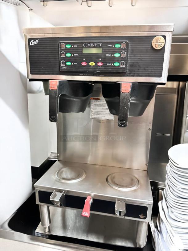 Curtis GEMINI GT Twin Coffee Brewer, excellent condition, 120V, fully tested, features dual burners, digital controls, stainless steel.