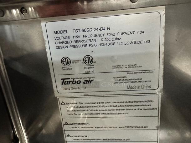 Model label for Turbo Air refrigeration unit, showing details like model TST-60SD-24-D4-N, voltage, and safety warnings.