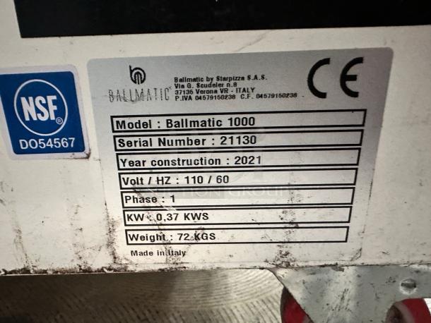 NSF and CE certified Ballmatic 1000 dough divider/rounder label, shows model, serial number 21130, and 110V specs.