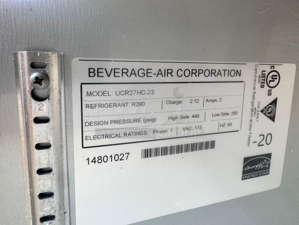 Beverage-Air UCR27HC-23 undercounter refrigerator label, showing model, refrigerant R290, and Energy Star certification.