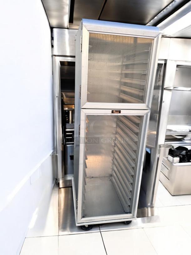 Lockwood CA72-RR18-S-L aluminum double door sheet pan rack cabinet in excellent condition, fully tested and working.