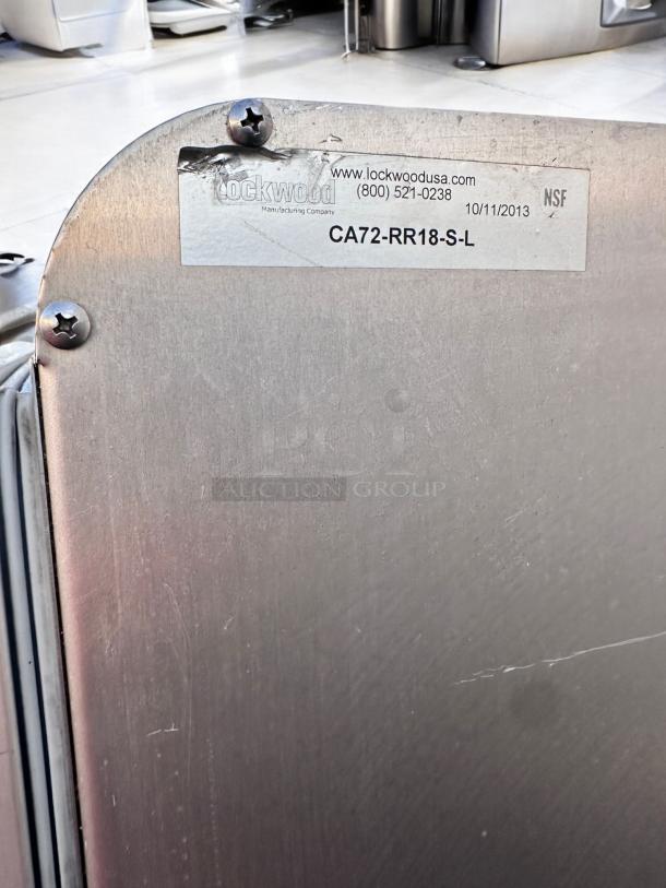 Lockwood CA72-RR18-S-L aluminum double door sheet pan rack cabinet, excellent condition, fully tested, NSF labeled.