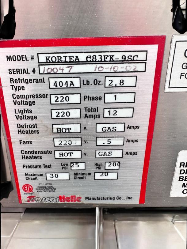 Zorzi Italia Koriea C83FK-9SC model label showing serial number 10047, voltage details, and ETL certification.
