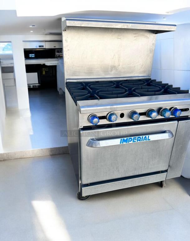 Imperial IR-6 36" gas range with 6 burners, standard oven, natural gas. Outstanding condition, fully tested, branded front.