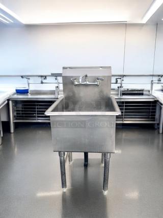 Stainless steel 3-compartment sink with dual drainboards, 98" wide, excellent condition, fully tested and operational.