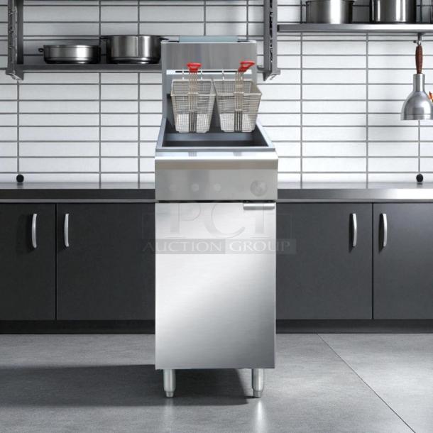 Brand new Black Diamond BDGF-ES35/NG 35 lb Energy Star gas fryer, stainless steel, natural gas, dual baskets, commercial kitchen.
