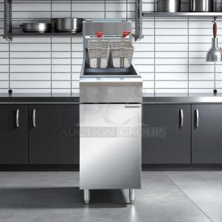 Brand new Black Diamond BDGF-ES35/NG 35 lb Energy Star gas fryer, stainless steel, natural gas, dual baskets, commercial kitchen.