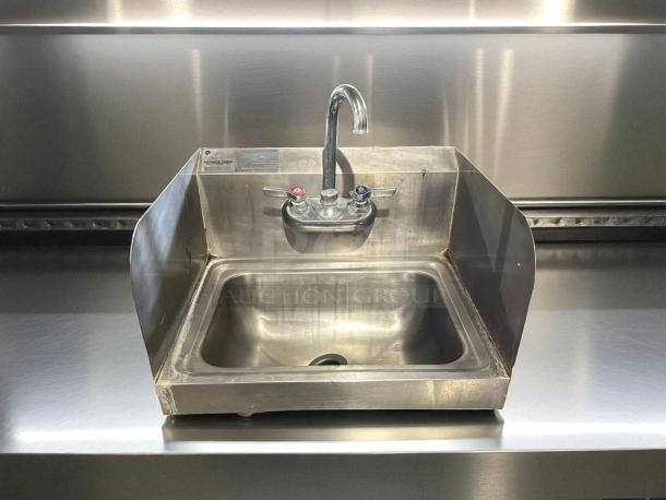 Advance Tabco 17" wall-mount stainless steel hand sink, model 7-PS-40. No cracks, clean condition, durable faucet.