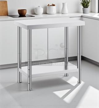 GSW heavy-duty stainless steel work table, 30” W x 18” D x 34” H. Sturdy design, excellent condition, ideal for kitchen use.