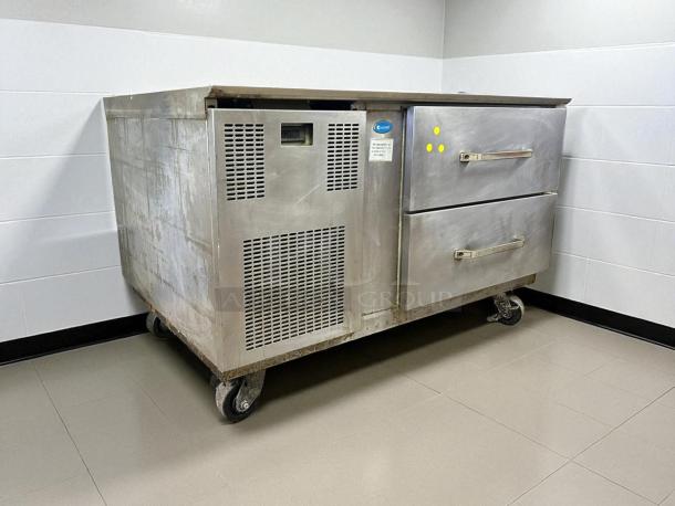 Randell FX-2WS-290 48" refrigerated chef base, two drawers, stainless steel, tested, working, good condition, on casters.
