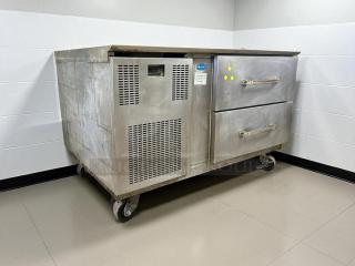 Randell FX-2WS-290 48" refrigerated chef base, two drawers, stainless steel, tested, working, good condition, on casters.