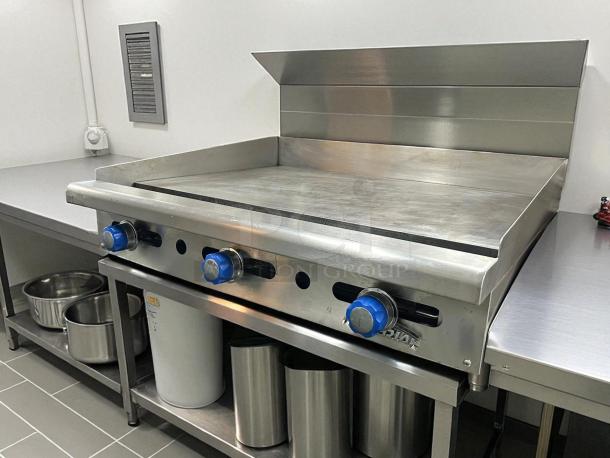 Imperial IMGA-4828 48" commercial gas griddle with 3/4" plate, stainless steel, excellent condition, three blue knobs.