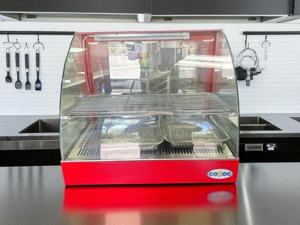 Cozoc FW5004-2 curved food warmer, 1200W, 120V/60Hz, red finish, glass front, dual trays, excellent condition, tested and working.