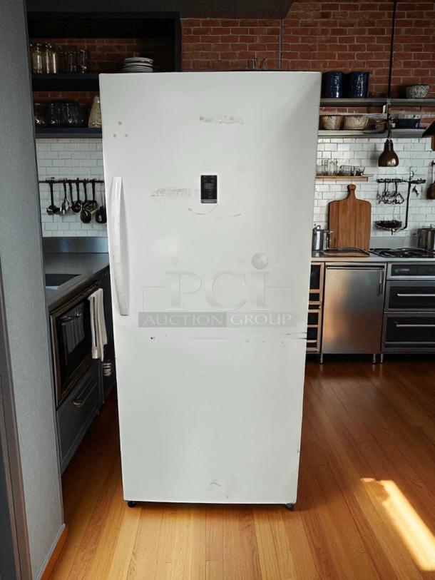 Insignia™ 13.8 Cu. Ft. convertible upright freezer, ENERGY STAR certified, good condition, white with a digital display.