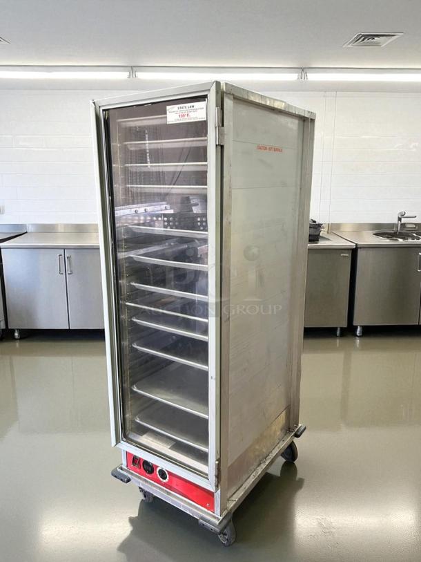 Avantco HEAT-1836I full-size insulated heated cabinet, clear door, excellent condition, tested & working, on wheels.