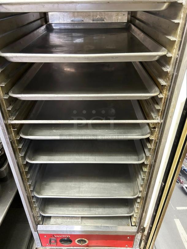 Avantco HEAT-1836I heated cabinet, clear door, shelves visible, excellent condition, tested and working, model 177-HEAT-1836I.