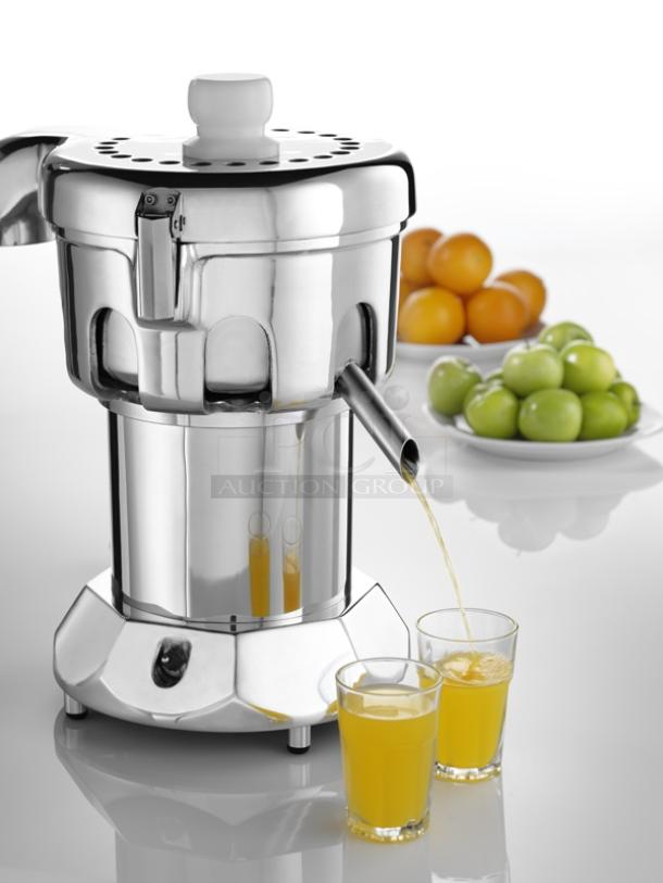 Ruby 2000 commercial juice extractor in stainless steel, with a modern design. Tested and working. Juicing into two glasses.