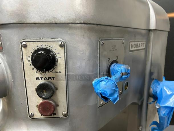 Hobart Model H600T 60QT Dough Mixer, 220/240v, 1ph., control panel with start/stop buttons and speed dial, used condition.