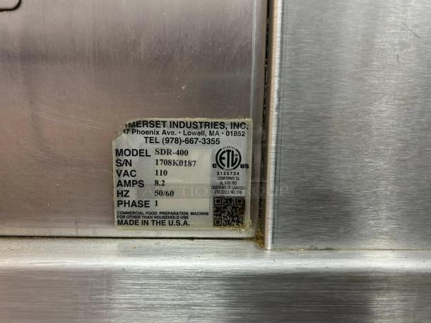 Somerset SDR-400 dough rounder label, showing model number, voltage 110V, amps 8.2, and made in the USA.