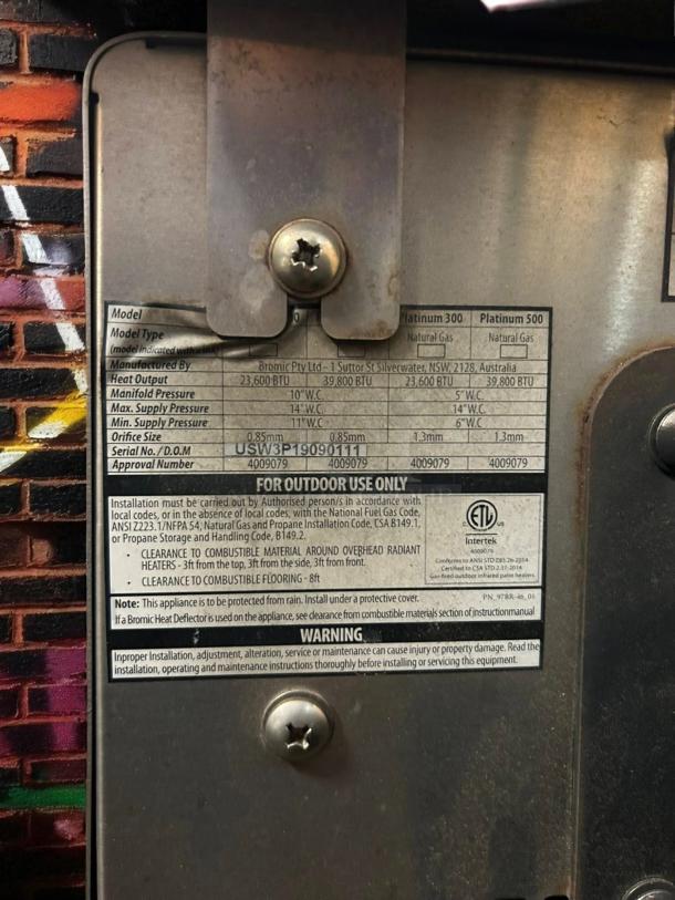 Bromic Platinum Smart-Heat Gas Patio Heater label showing model, heat output, installation warnings, and ETL certification.