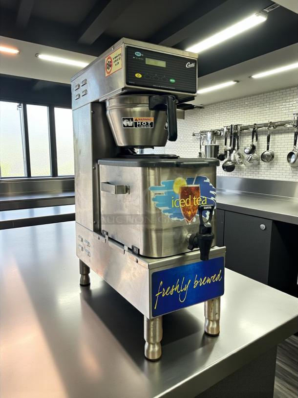 Curtis TBP Commercial Iced Tea Brewer, excellent condition, tested and working, featuring "iced tea" and "freshly brewed" labels.