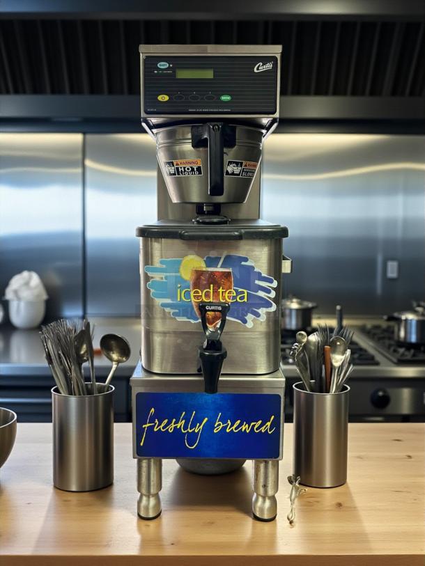 Curtis TBP Commercial Iced Tea Brewer, excellent condition, model TBP, tested and working, 120V, with hot liquid warning labels.